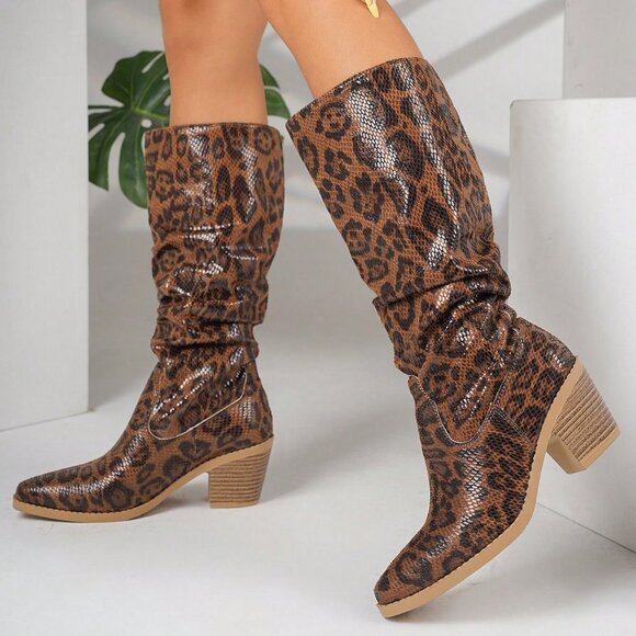 Elegant Women's Thick Heel Leopard Print Knee High Boots - Picture 1 of 5